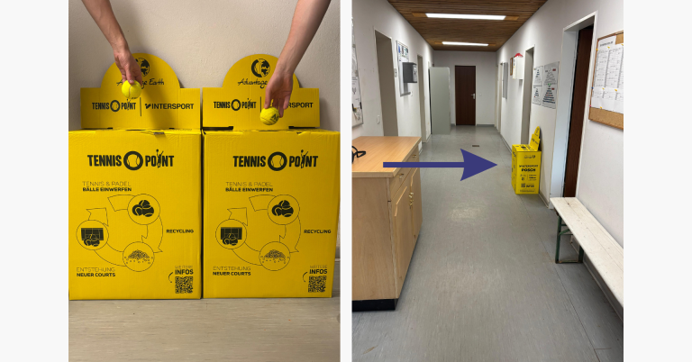 Tennis Sammelboxen von Tennis Point – Recycling von Tennis- und Padelbällen im Vereinsheim Tennis Sammelboxen von Tennis Point für das Recycling von Tennis- und Padelbällen im Vereinsheimflur