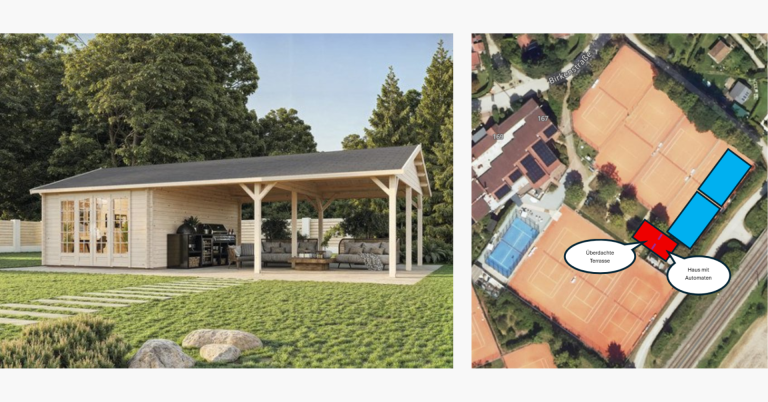 Visualisierung und Luftbild zur Planung Außenbereich mit Pavillon und Tennisplätzen