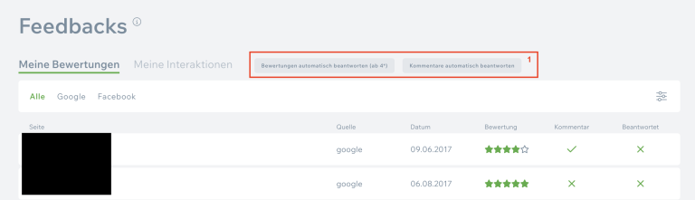 Screenshot eines Feedback-Management-Tools mit automatischer Beantwortung von Bewertungen und Google als Bewertungsquelle