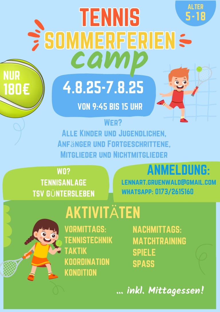 Sommerferien Tennis Camp 2025 Flyer mit Informationen über Aktivitäten und Anmeldung.