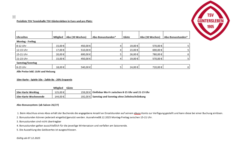 Preisliste der Tennishalle TSV Güntersleben gültig ab 7.12.2025 mit Preisen für Mitglieder und Gäste