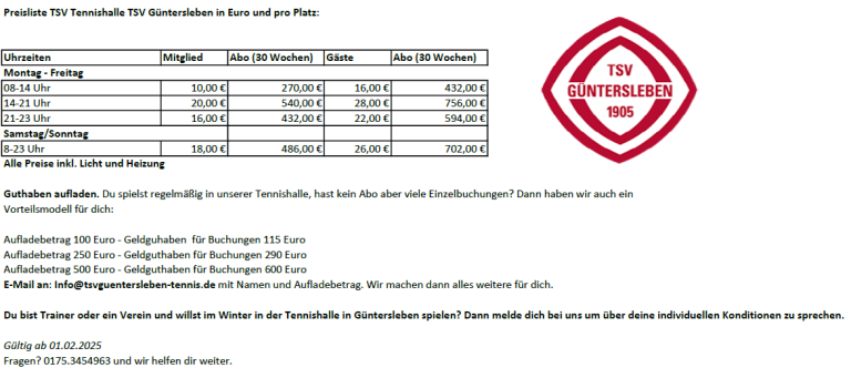 Preisliste der Tennishalle für die Saisons 2025, 2026 und 2027 mit Abonnement- und Einzelpreisen