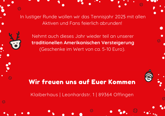 Einladung zur Tennisjahr 2025 Abschlussfeier mit traditioneller Amerikanischer Versteigerung im Klaiberhaus, Offingen