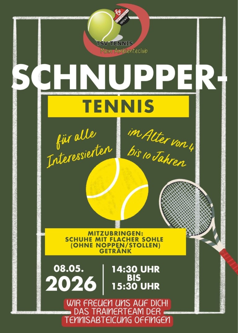 Schnupper-Tennis Event für Kinder von 4 bis 10 Jahren, Einladung mit Tennisball und Schläger auf einem Tennisplatz