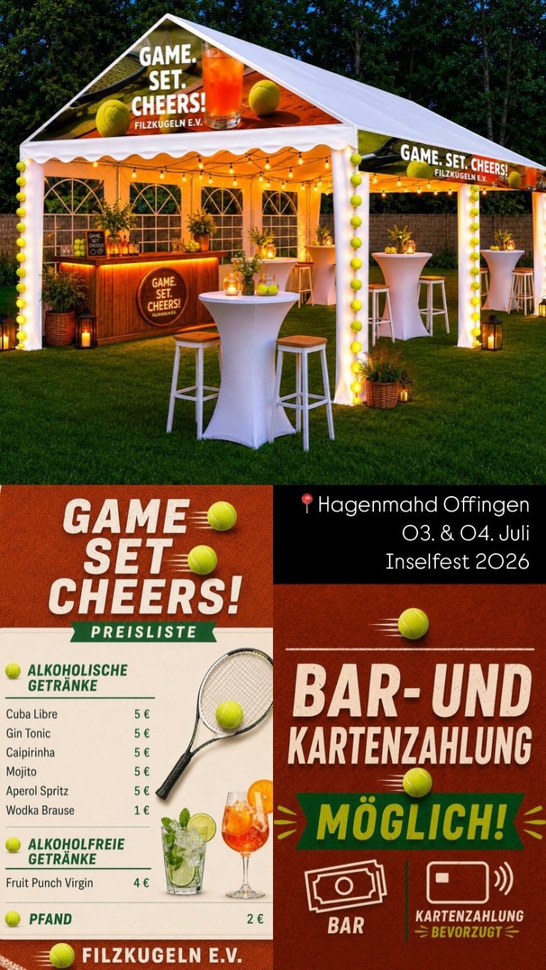 Inselfest 2026 Hagenmahd Offingen – Game Set Cheers Bar, Getränkepreise und Tennis-Event Inselfest 2026 in Hagenmahd Offingen mit Game Set Cheers Bar, Getränkepreisen und Eventdekoration im Tennisstil