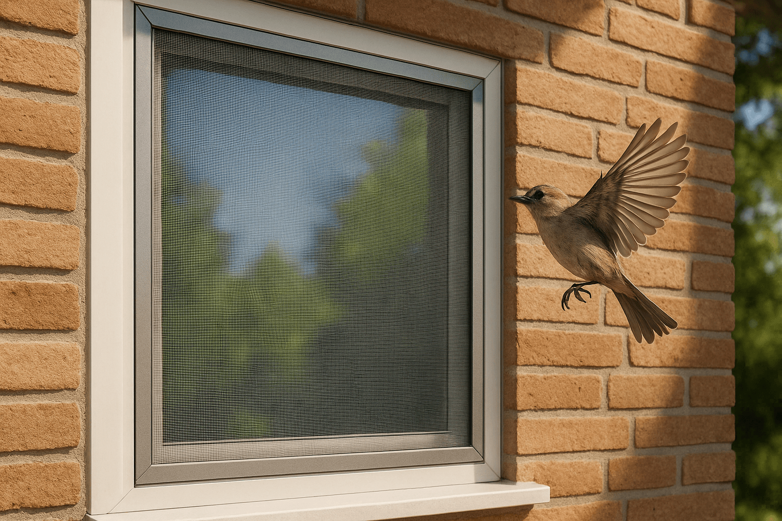 Vogelschutz-Header: Effektiver Schutz für Vögel durch Fenstergitter Vogelschutz am Fenster: Vogel fliegt vor ein geschütztes Fenster mit Insektenschutzgitter