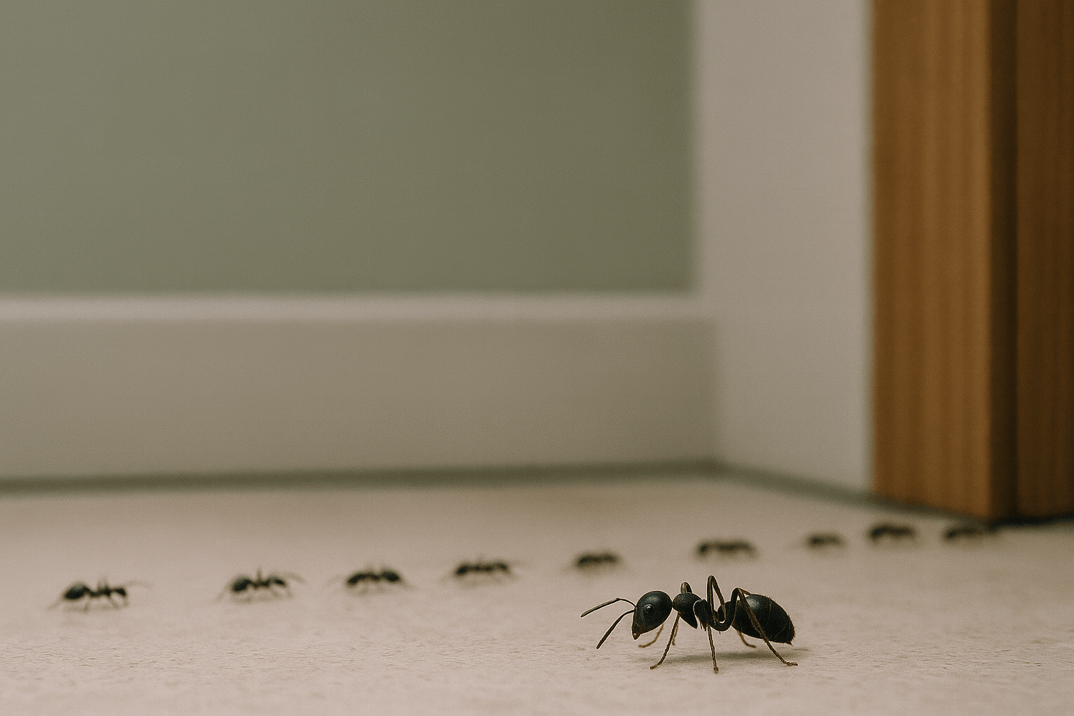 Ameisen laufen auf einer hellen Oberfläche entlang einer Wand, Nahaufnahme als Headerbild