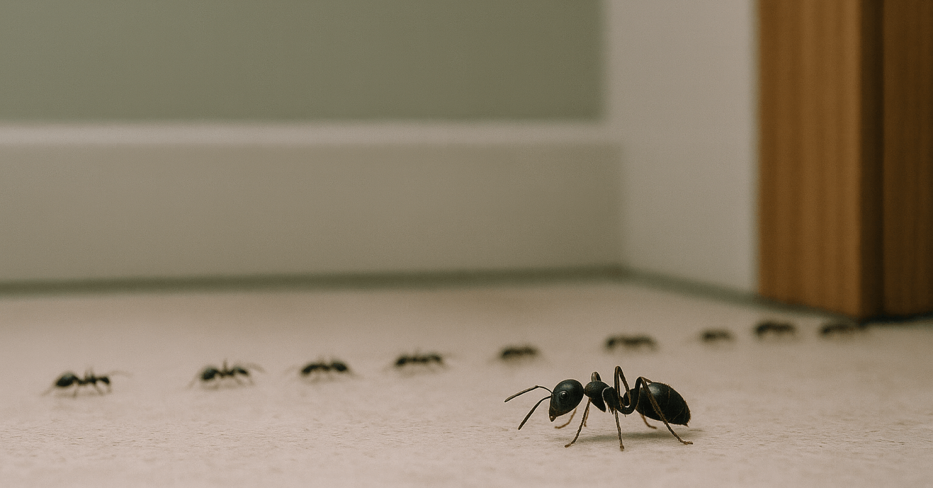 Ameisen-Headerbild – Ameisen auf einer hellen Oberfläche an der Wand Ameisen laufen auf einer hellen Oberfläche entlang einer Wand, Nahaufnahme als Headerbild