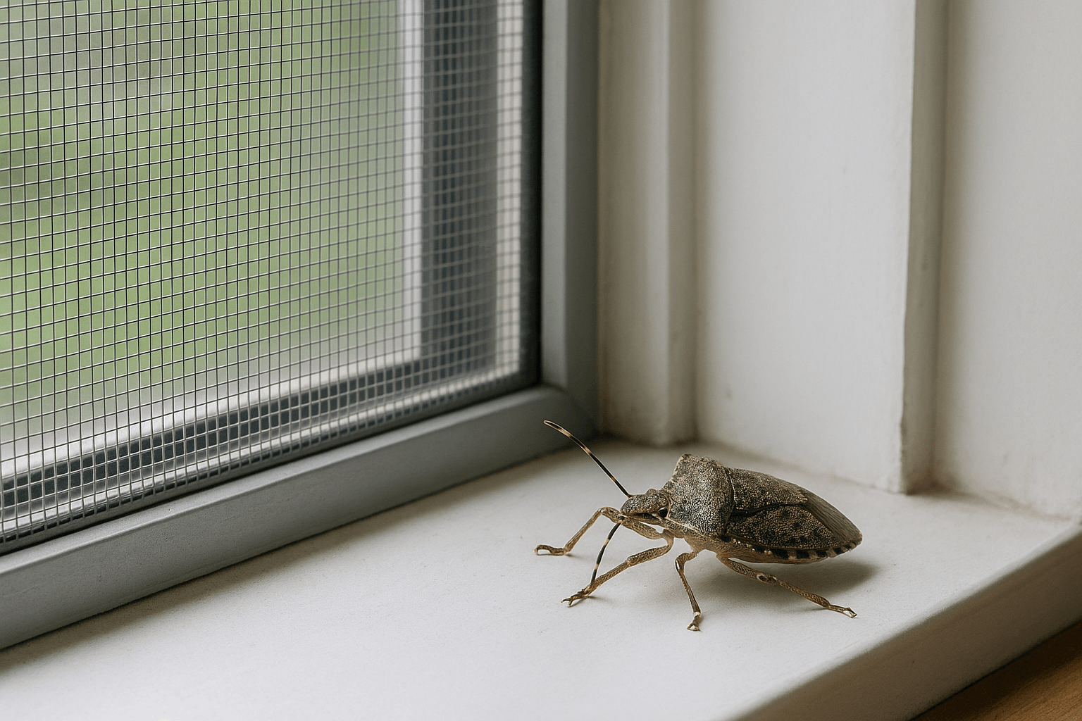 Stinkwanze am Fensterbrett vor einem Fliegengitter