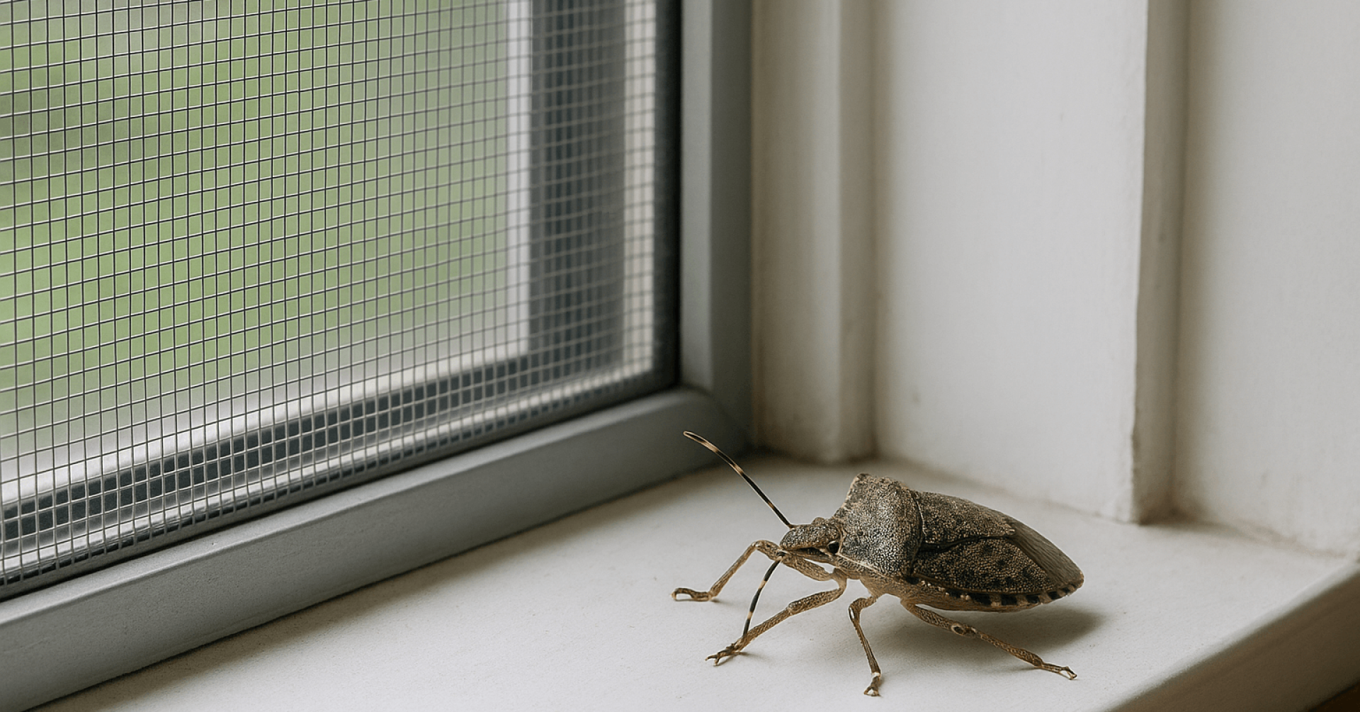 Stinkwanze am Fensterbrett vor einem Fliegengitter