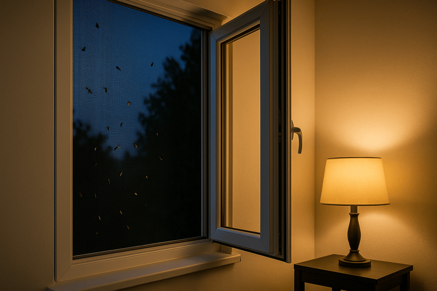 Offenes Fenster am Abend mit eingeschalteter Lampe und Insekten am Fliegengitter – Licht zieht Insekten an