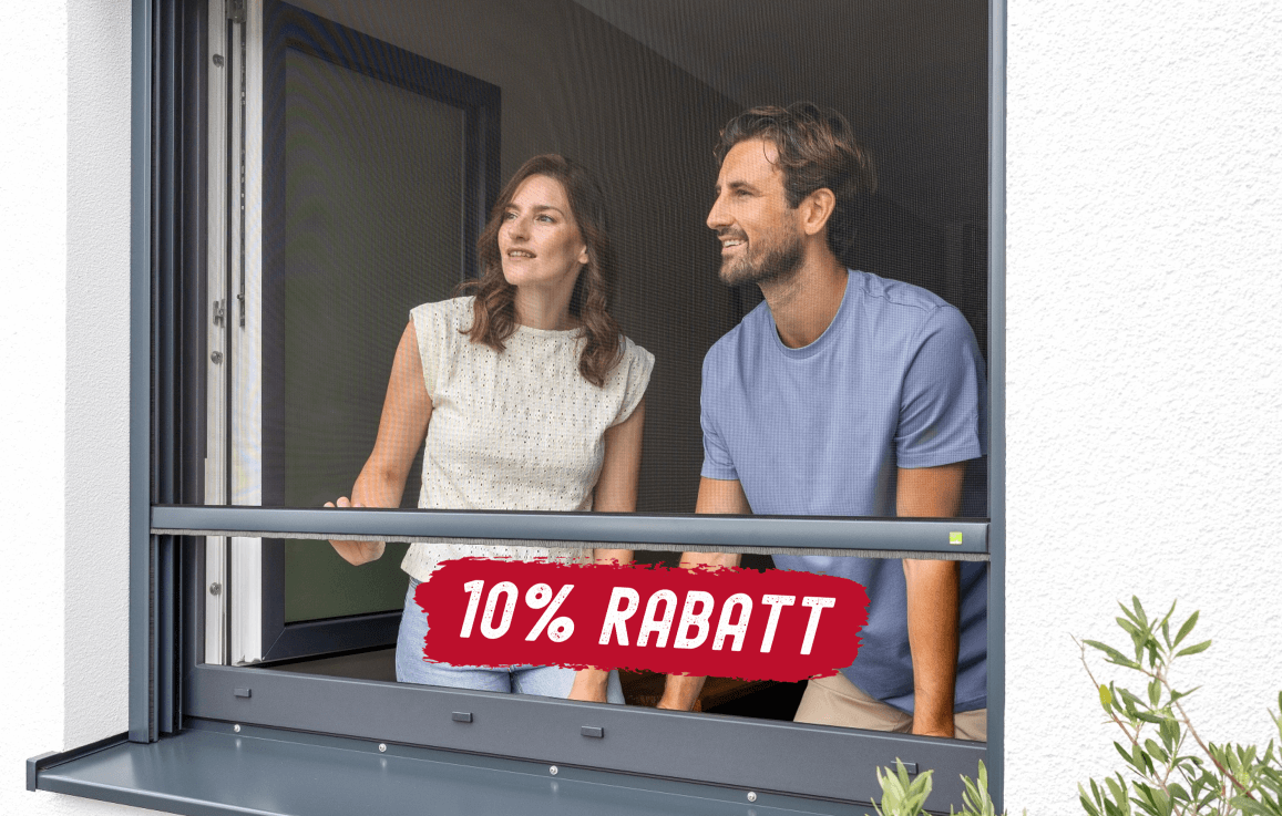 Insektenschutzrollo am Fenster mit 10% Rabatt Hinweis