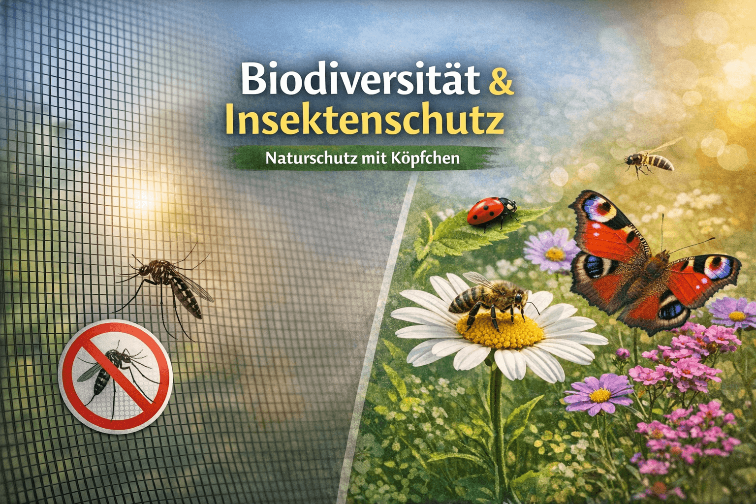 Biodiversität und Insektenschutz Beitragsbild mit Biene, Marienkäfer, Schmetterling und Mücke, Naturschutz mit Köpfchen