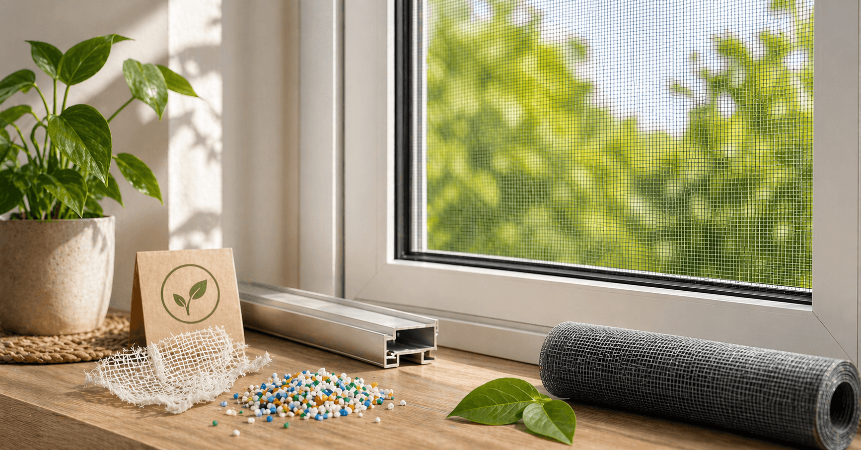 Mikroplastik am Fensterbrett neben Fliegengitter und Aluminiumprofil, Symbolbild fr Mikroplastik in Haushalten