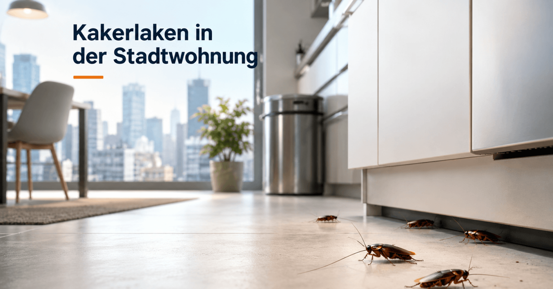 Kakerlaken in einer modernen Stadtwohnung auf dem Küchenboden vor Mülleimer und Fenster mit Skyline