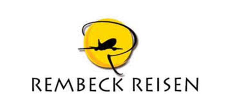 Logo eines Reiseunternehmens mit Flugzeugsymbol und gelbem Hintergrund