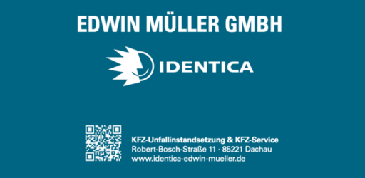 Logo der Identica Edwin Müller GmbH mit Kontaktdaten und QR-Code