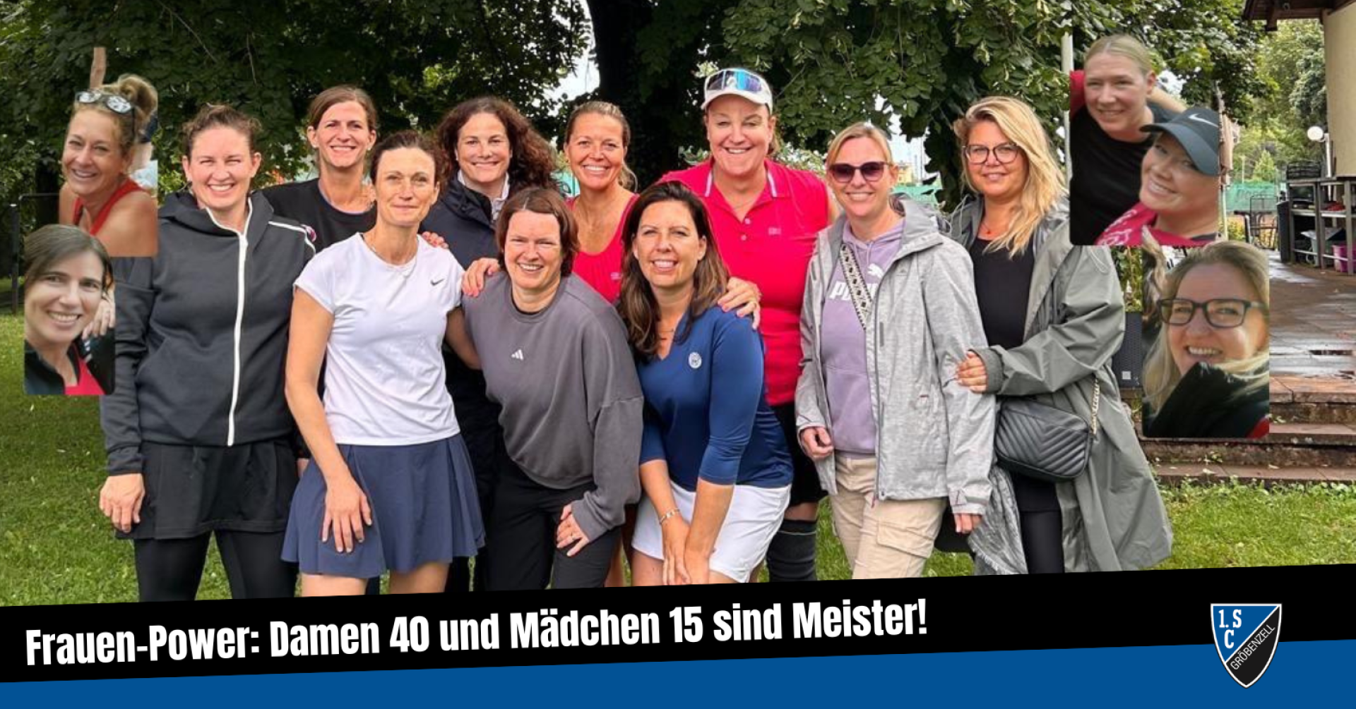 Gruppenfoto von Damen 40 und Mädchen 15 Tennismannschaften, die Meister sind