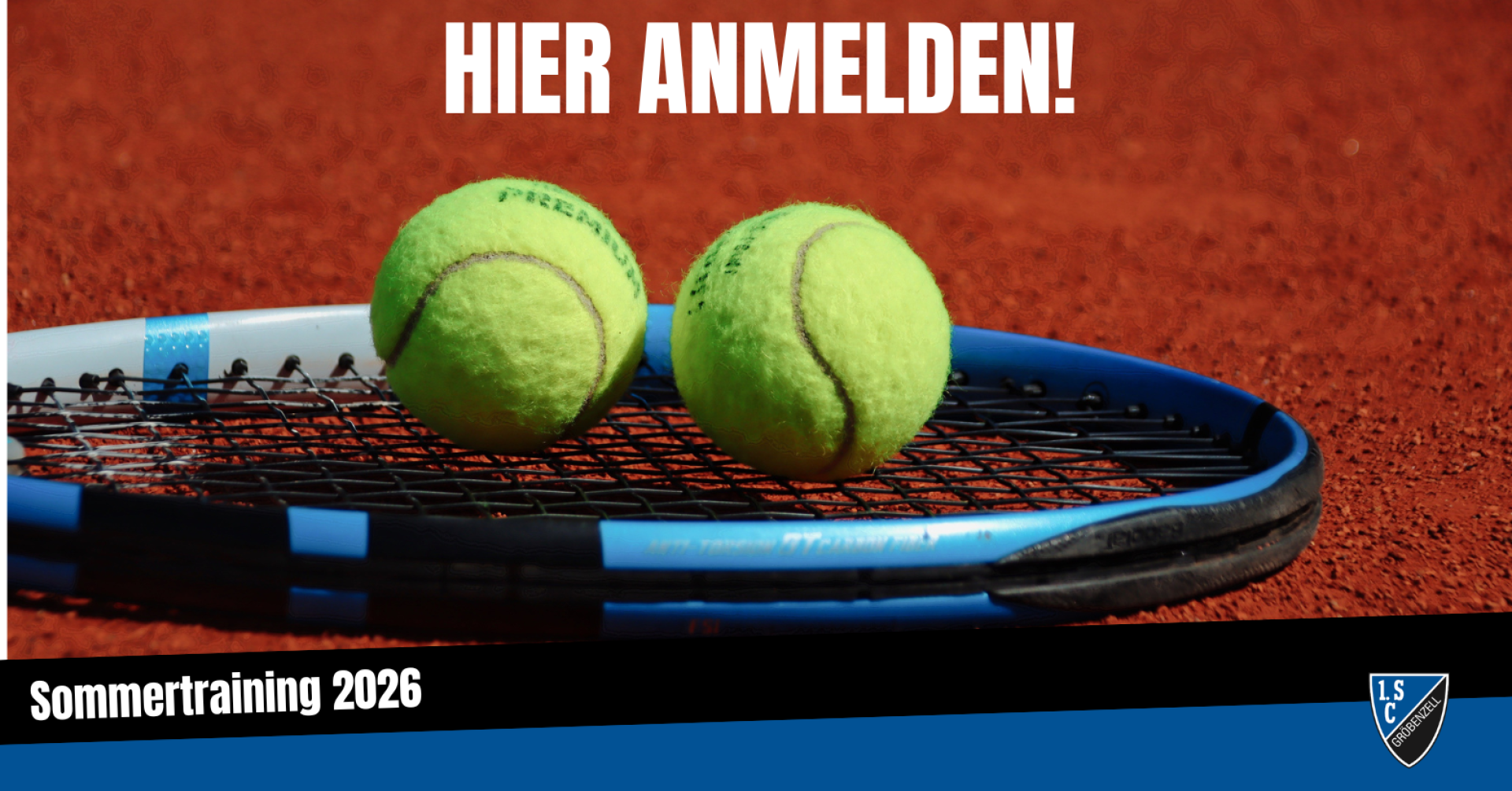 TC WB Homepage Header mit Tennisbällen auf Schläger und Anmeldeaufruf