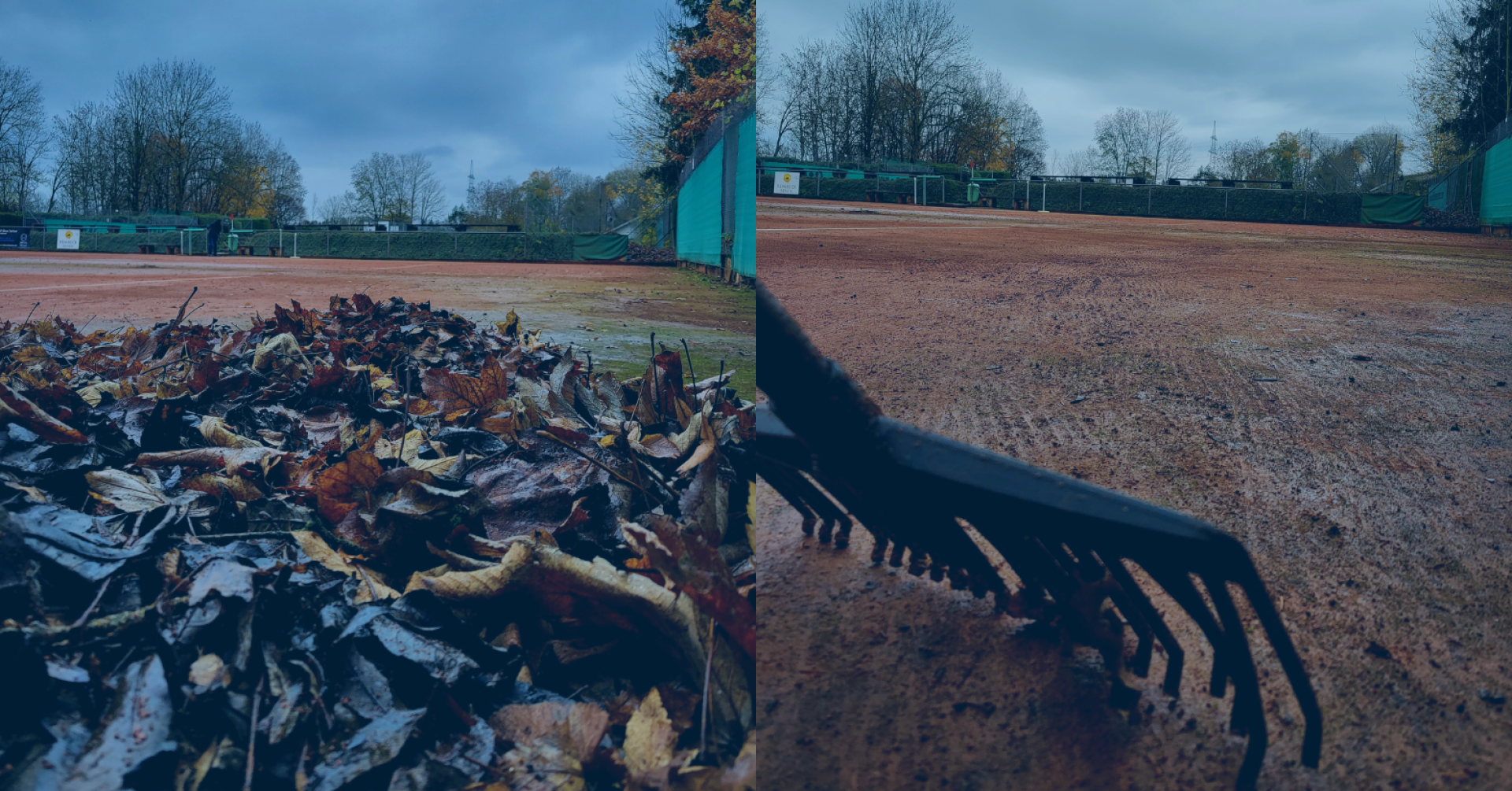 Platzraumaktion auf einem Tennisplatz: Laub und Rechen bei der Platzpflege im Herbst