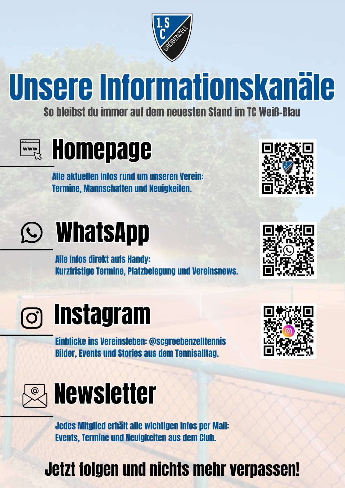 Informationskanäle des TC Weiß-Blau: Homepage, WhatsApp, Instagram und Newsletter mit QR-Codes zur schnellen Kontaktaufnahme.