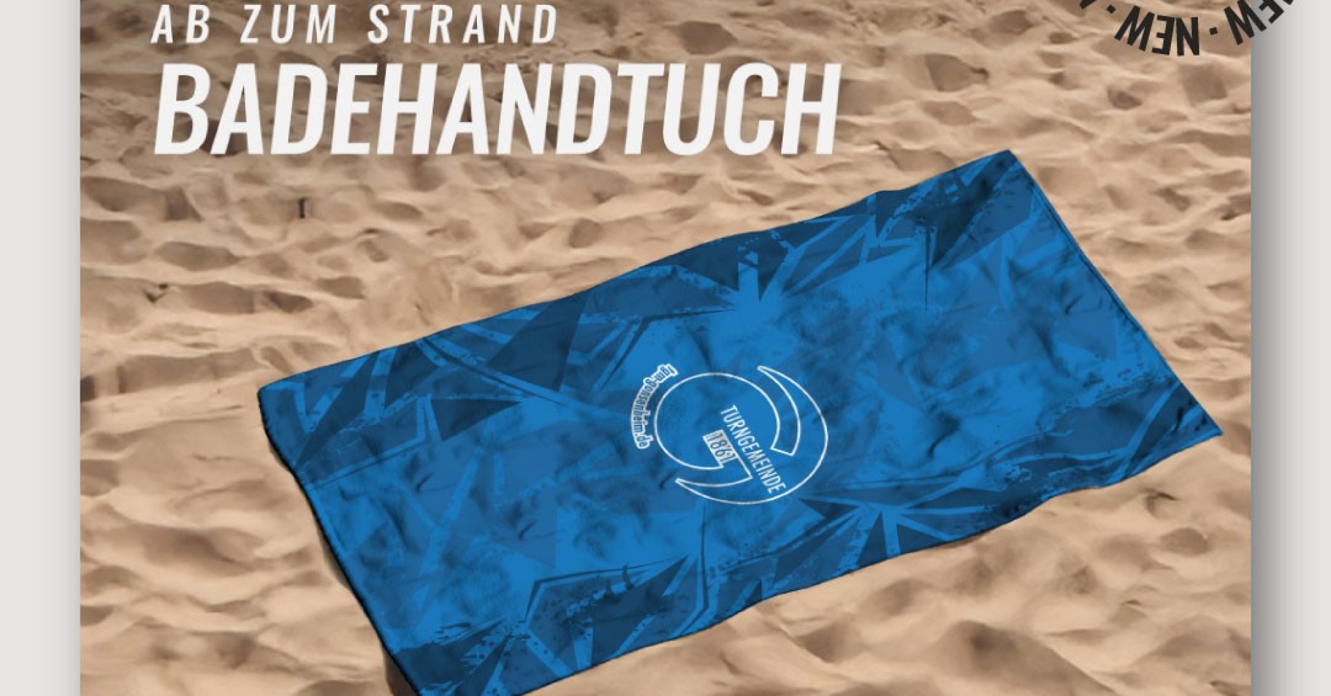 Instagram-Post mit blauem Badehandtuch auf Sand, Fanartikel aus dem Fanshop