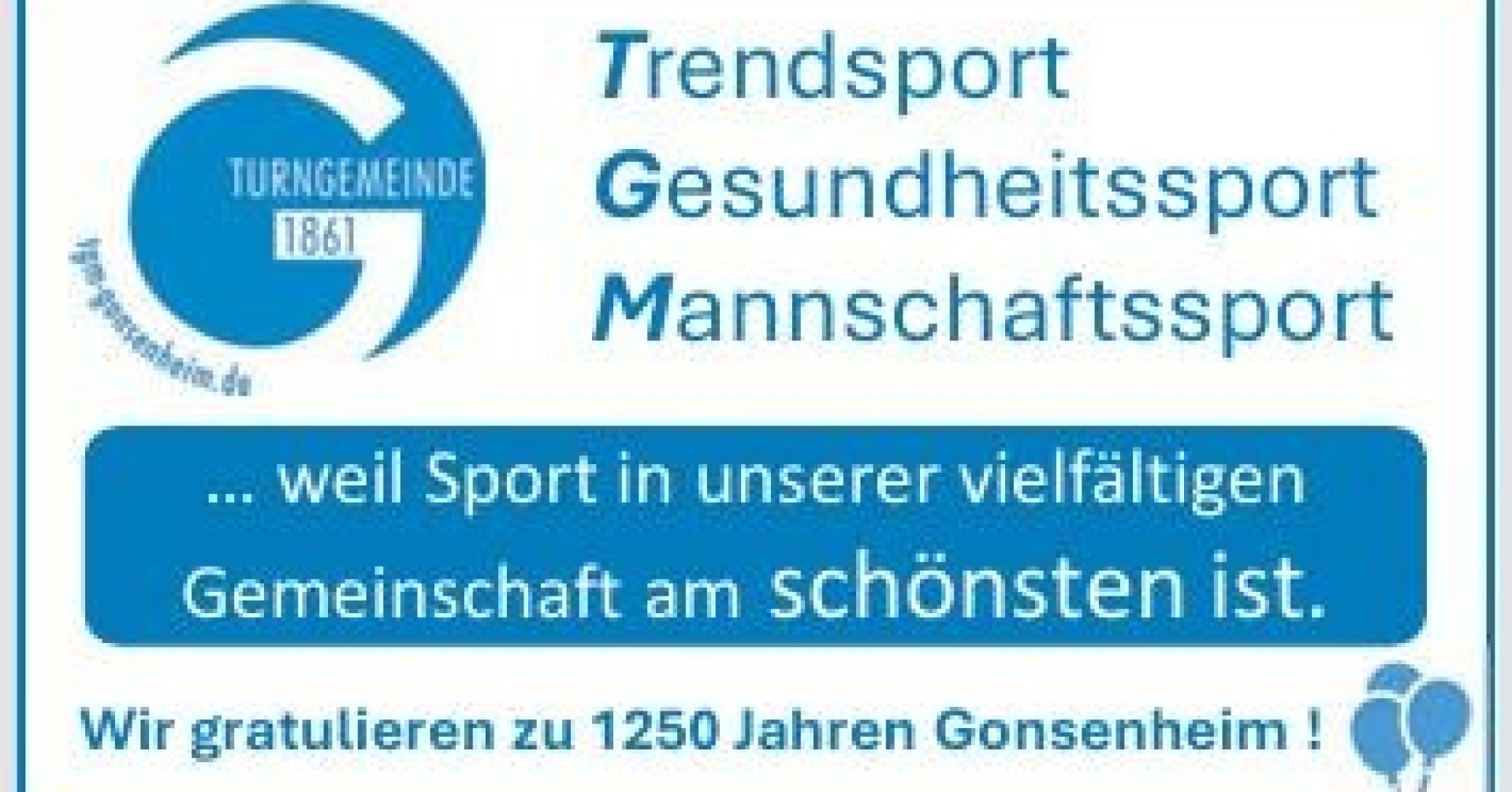 Logo der Turngemeinde Gonsenheim (TGM) mit Hinweis auf 1250 Jahre Gonsenheim und sportliche Aktivitäten