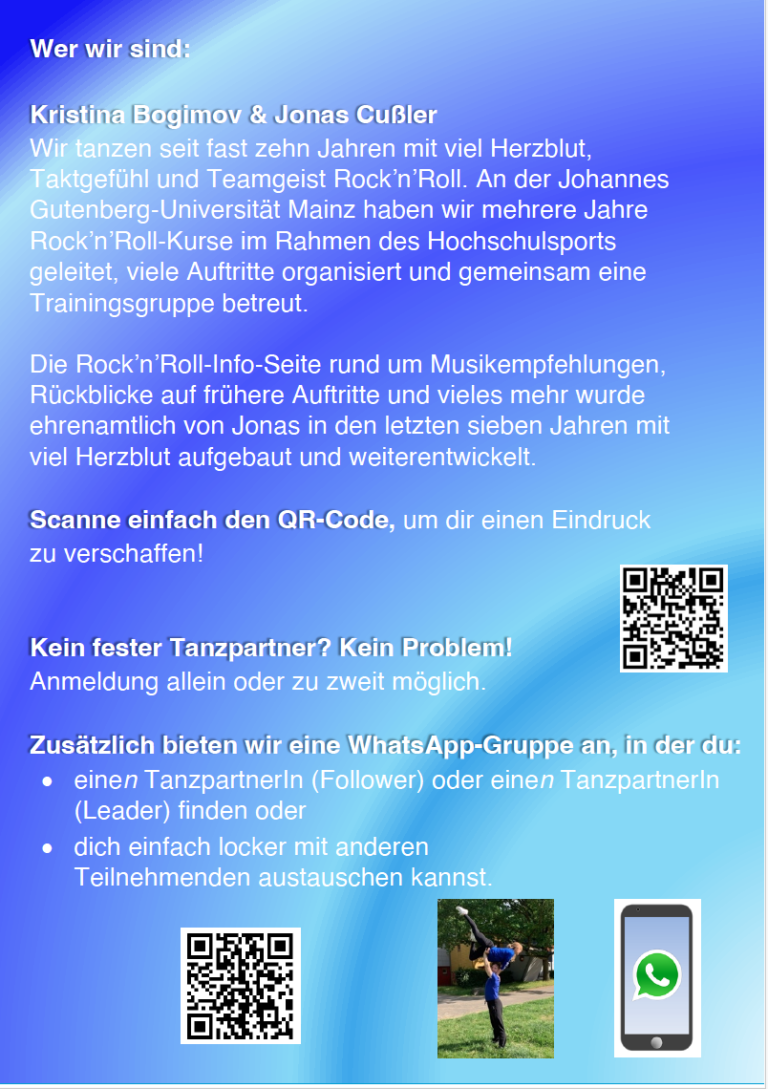 Infografik zur Rock'n'Roll-Tanzgruppe an der Johannes Gutenberg-Universität Mainz mit QR-Code und Infos zu Kursen, WhatsApp-Gruppe und Anmeldung ohne festen Tanzpartner