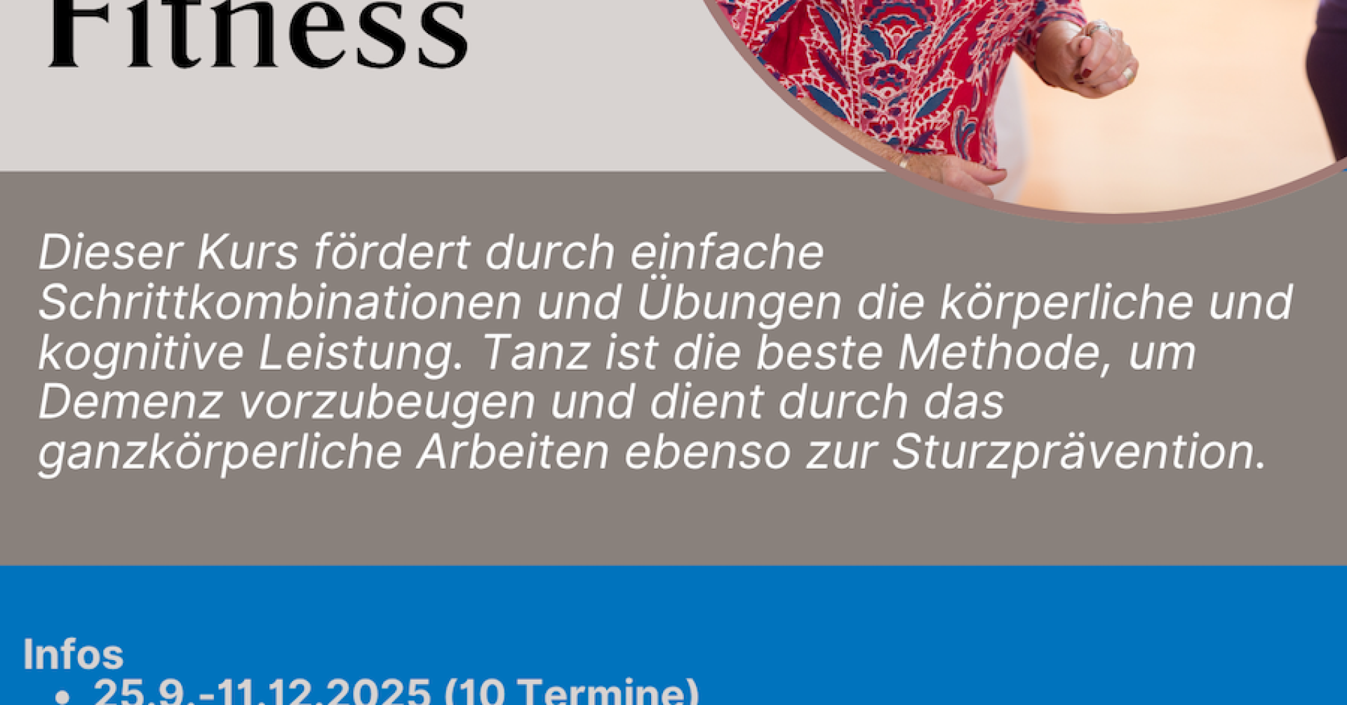 Senioren Tanz Fitness Kurs mit Übungsleiterin Ina Veit im Spiegelraum der TGM Gonsenheim, Kursdaten 2025