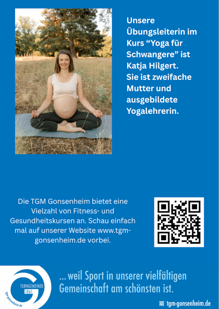 Katja Hilgert, Yogalehrerin, zeigt Yoga für Schwangere auf einer Wiese – Kursangebot der TGM Gonsenheim