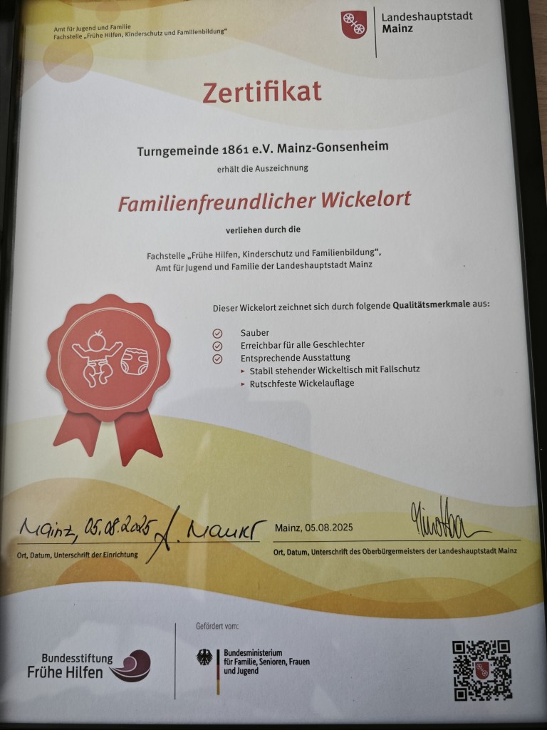Zertifikat Familienfreundlicher Wickelort für Turngemeinde 1861 e.V. Mainz-Gonsenheim, verliehen von der Landeshauptstadt Mainz am 05.08.2025