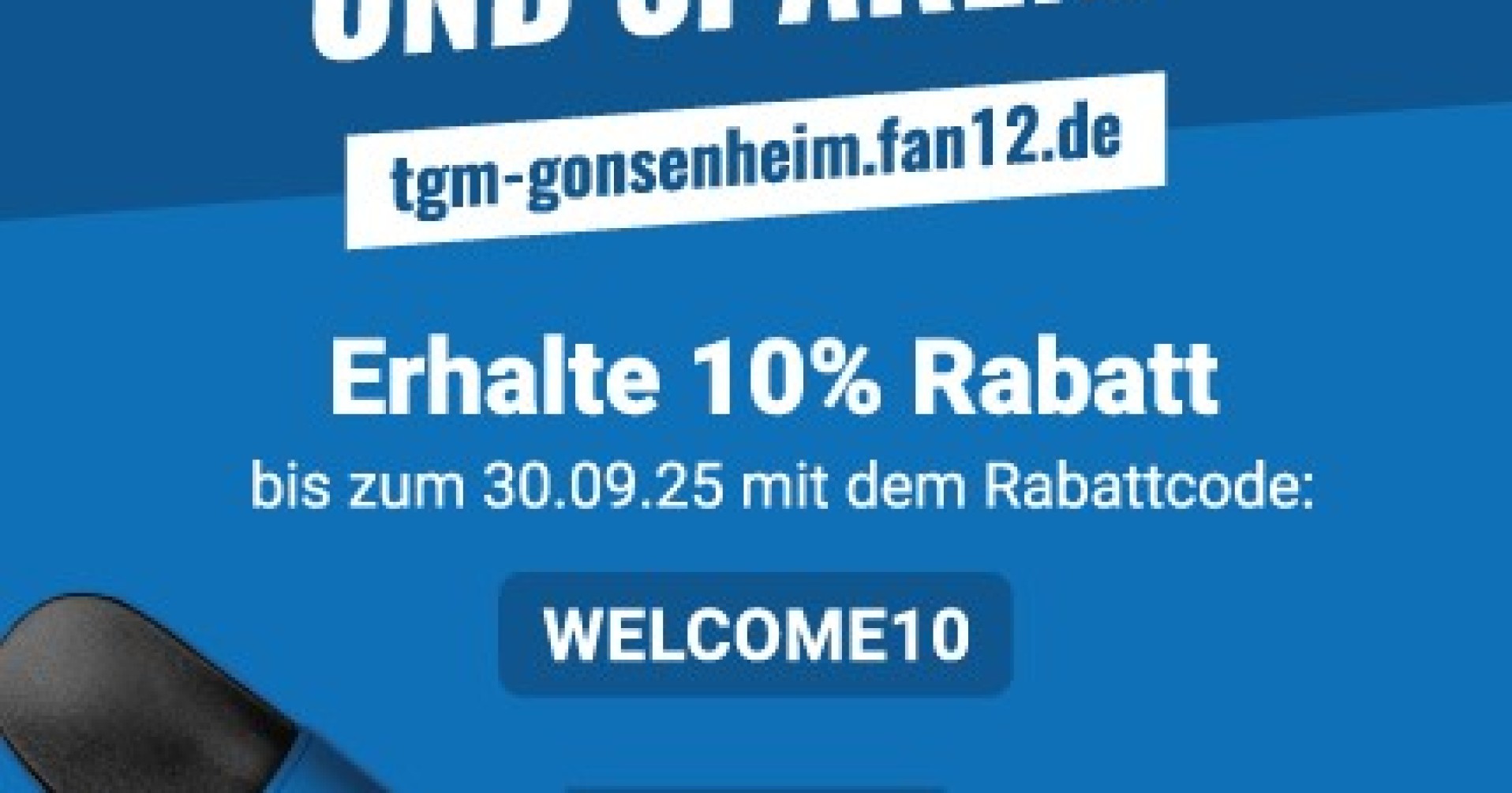 Rabattflyer für den TGM Gonsenheim Fanshop mit 10% Rabattcode WELCOME10 und QR-Code, gültig bis 30.09.2025