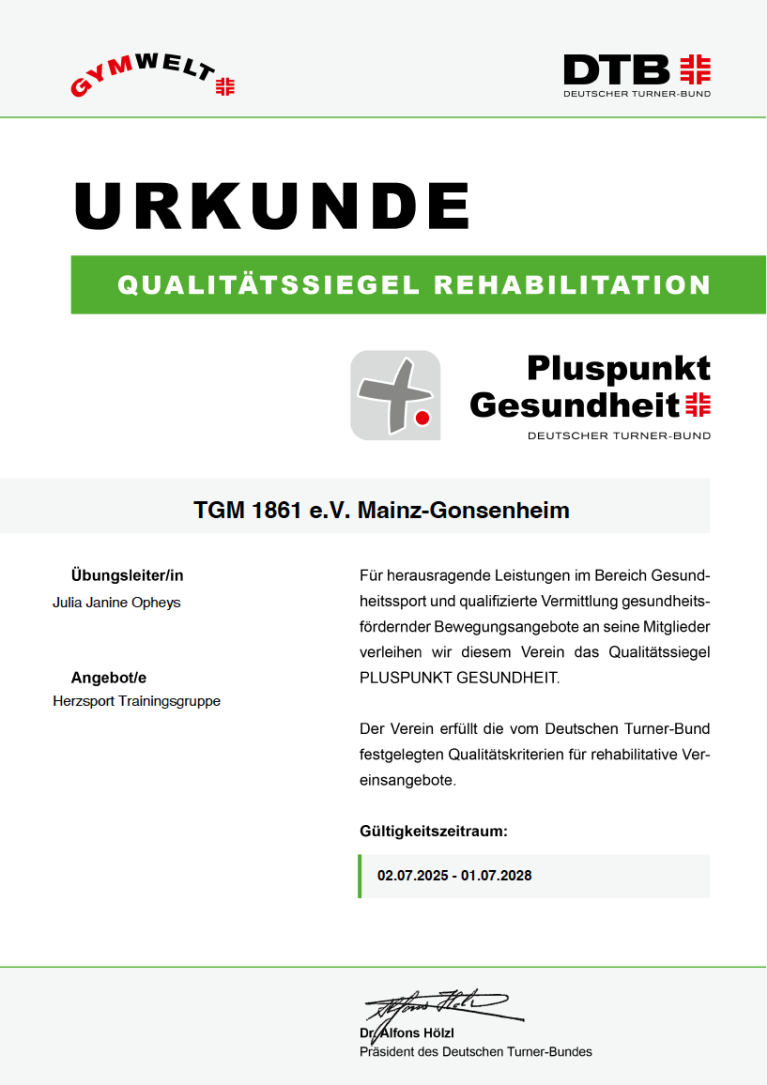 Pluspunkt Gesundheit Qualitätssiegel Rehabilitation für Herzsport Trainingsgruppe der TGM 1861 e.V. Mainz-Gonsenheim – Übungsleiterin Julia Janine Opheys