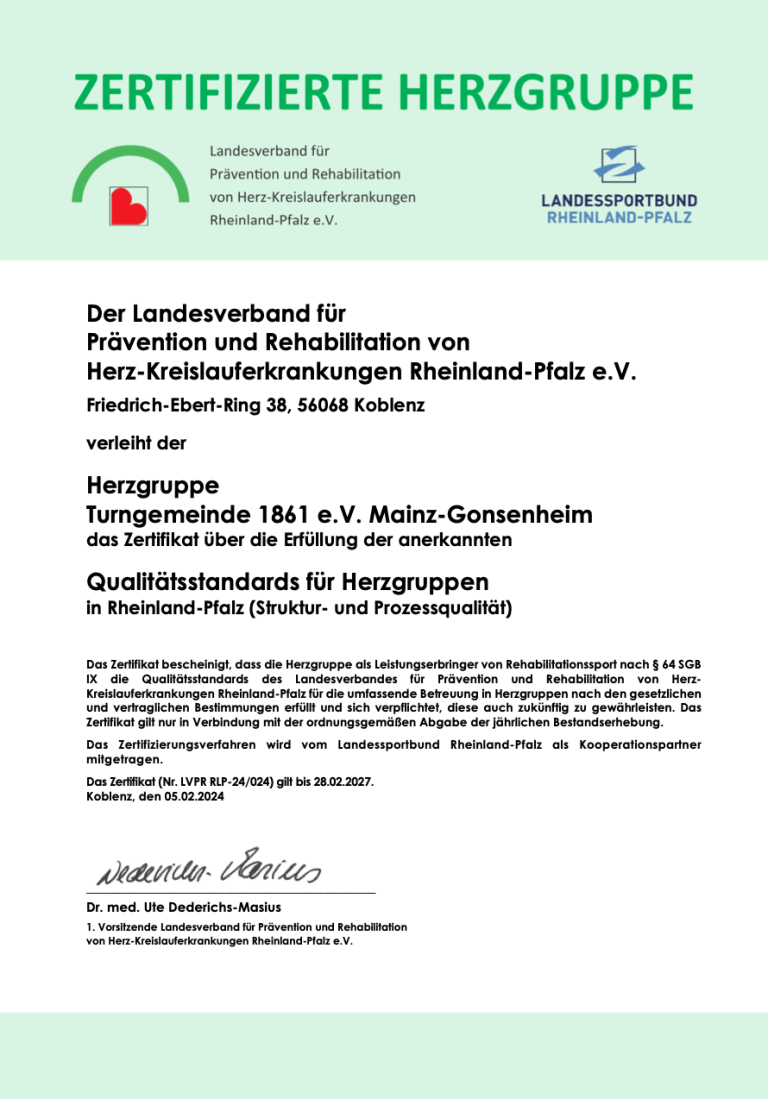 Zertifikat Qualitätsstandards für Herzgruppen – Turngemeinde 1861 e.V. Mainz-Gonsenheim vom Landesverband für Prävention und Rehabilitation von Herz-Kreislauferkrankungen Rheinland-Pfalz