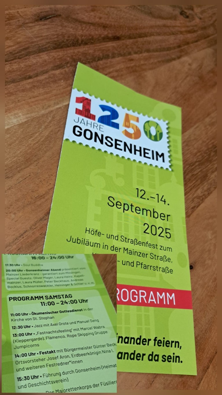 Programm 1250 Jahre Gonsenheim Jubiläum Straßenfest 2025 – Mainzer Straße Programm Flyer zum 1250 Jahre Gonsenheim Jubiläum Straßenfest 2025 in der Mainzer Straße