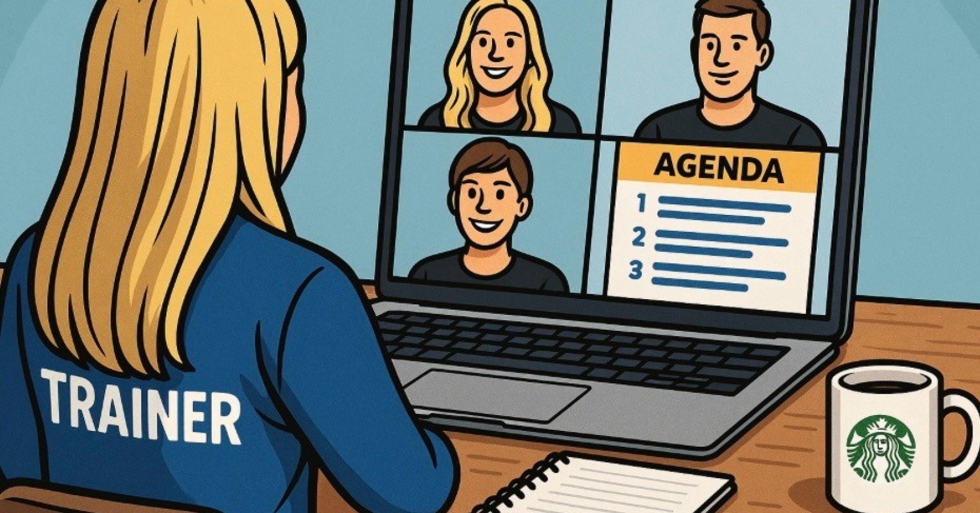 Trainerin nimmt an einem Online-Meeting mit Agenda auf dem Laptop teil