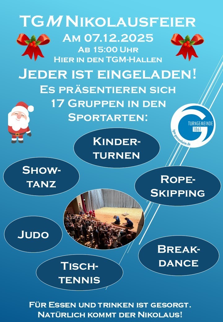 Flyer zur Nikolausfeier der Turngemeinde Mombach mit Sportarten wie Kinderturnen, Showtanz, Rope Skipping, Judo, Tischtennis und Breakdance.