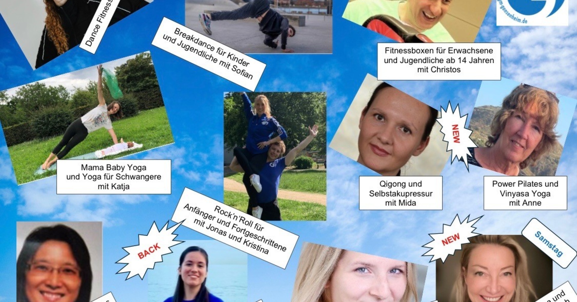 Kursangebot 2026: Dance Fitness mit Elisa, Breakdance für Kinder und Jugendliche mit Sofian, Fitnessboxen mit Christos, Mama Baby Yoga mit Katja, Rock'n'Roll mit Jonas und Kristina, Qigong und Selbstakupressur mit Mida, Pilates mit Ying, Zumba Fitness mit