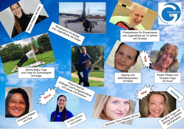 Kursangebot 2026: Dance Fitness mit Elisa, Breakdance für Kinder und Jugendliche mit Sofian, Fitnessboxen mit Christos, Mama Baby Yoga mit Katja, Rock'n'Roll mit Jonas und Kristina, Qigong und Selbstakupressur mit Mida, Pilates mit Ying, Zumba Fitness mit