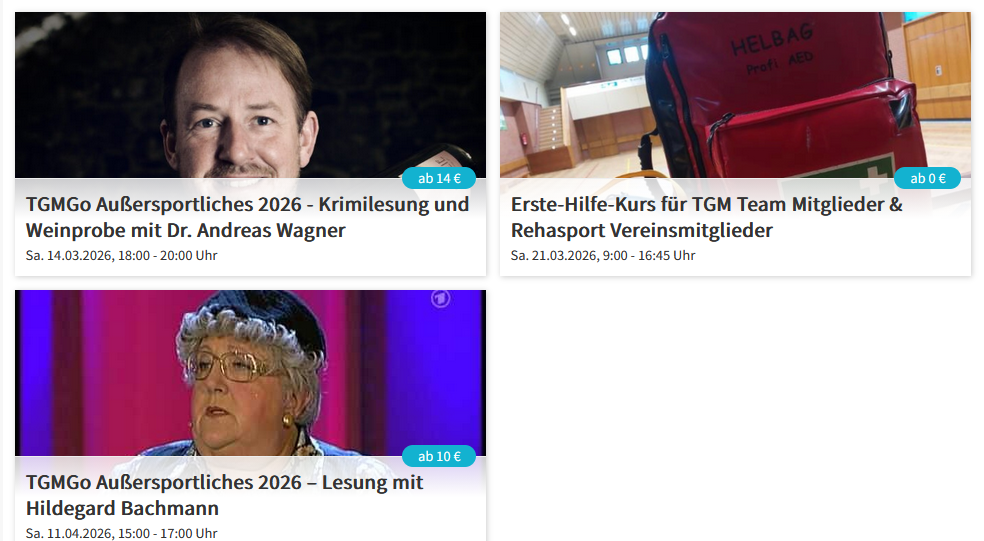 Screenshot mit Veranstaltungshinweisen: Krimilesung mit Andreas Wagner, Erste-Hilfe-Kurs für TGM Team Rehasport Vereinsmitglieder, Lesung 2026