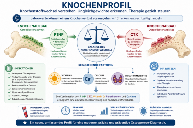 Knochenprofil – Infografik zu Knochenstoffwechsel, Marker und regulierenden Faktoren Infografik zum Knochenprofil: Knochenstoffwechsel, Aufbau und Abbau, relevante Marker wie P1NP und CTX, sowie regulierende Faktoren wie Vitamin D, Calcium und Parathormon.