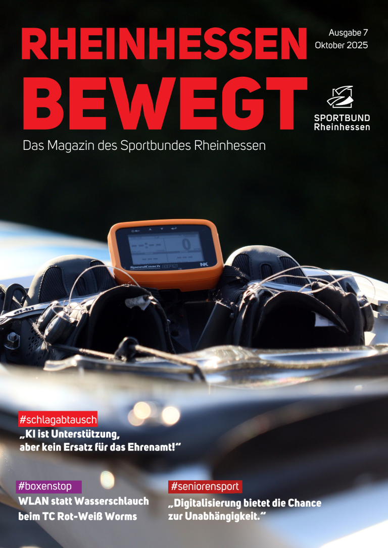 Magazin-Cover 'BEWEGT' des Sportbundes Rheinhessen – KI und Ehrenamt im Sport