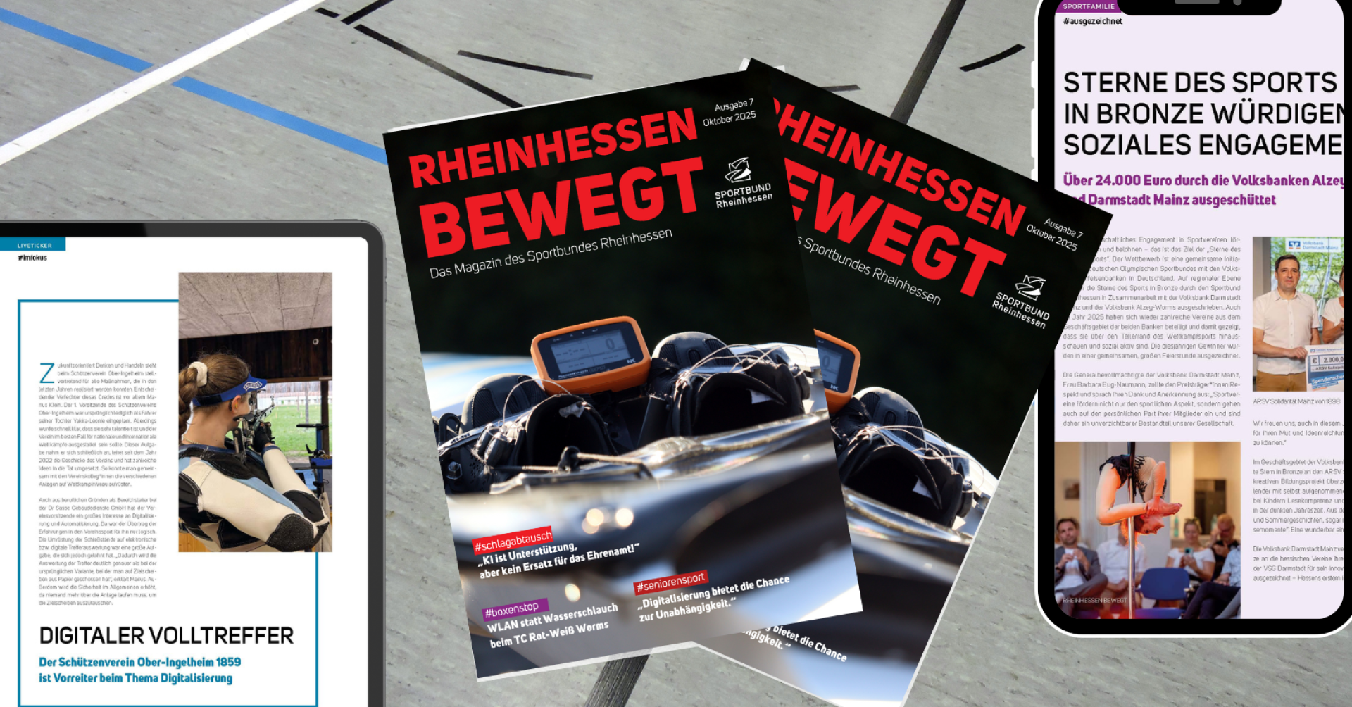 Titelseite des Magazins 'Rheinhessen Bewegt' des Sportbundes Rheinhessen, Ausgabe Oktober 2025, auf einem Sporthallenboden