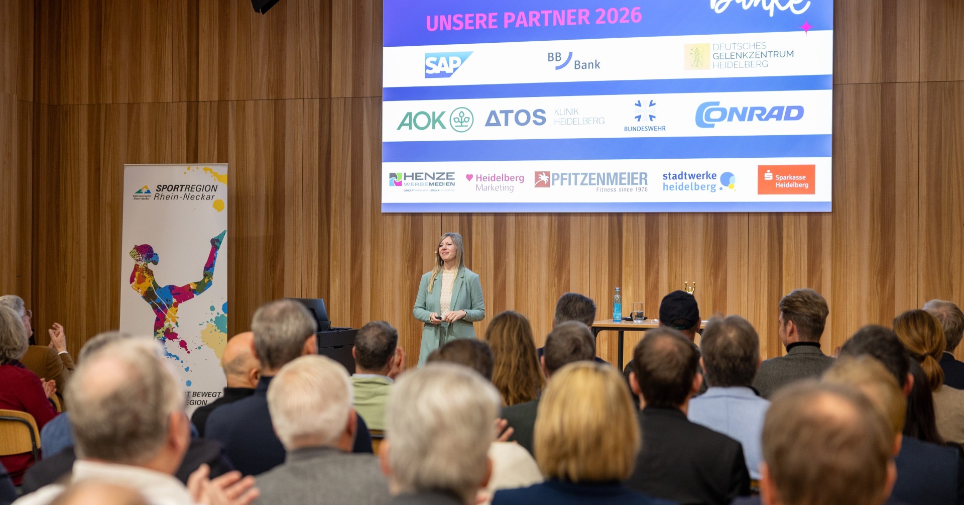 Kick-off Veranstaltung des Sportaward 2026 mit Sponsoren wie SAP, BB Bank, Deutsches Gelenkzentrum Heidelberg, AOK, ATOS Klinik Heidelberg, Conrad, Bundeswehr, Henze, Heidelberg Marketing, Pfitzenmeier, Stadtwerke Heidelberg und Sparkasse Heidelberg.