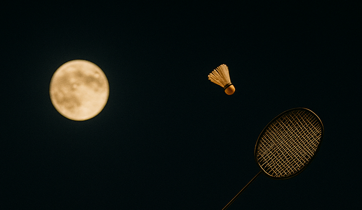 Badmintonspiel mit Federball und Mond im Hintergrund