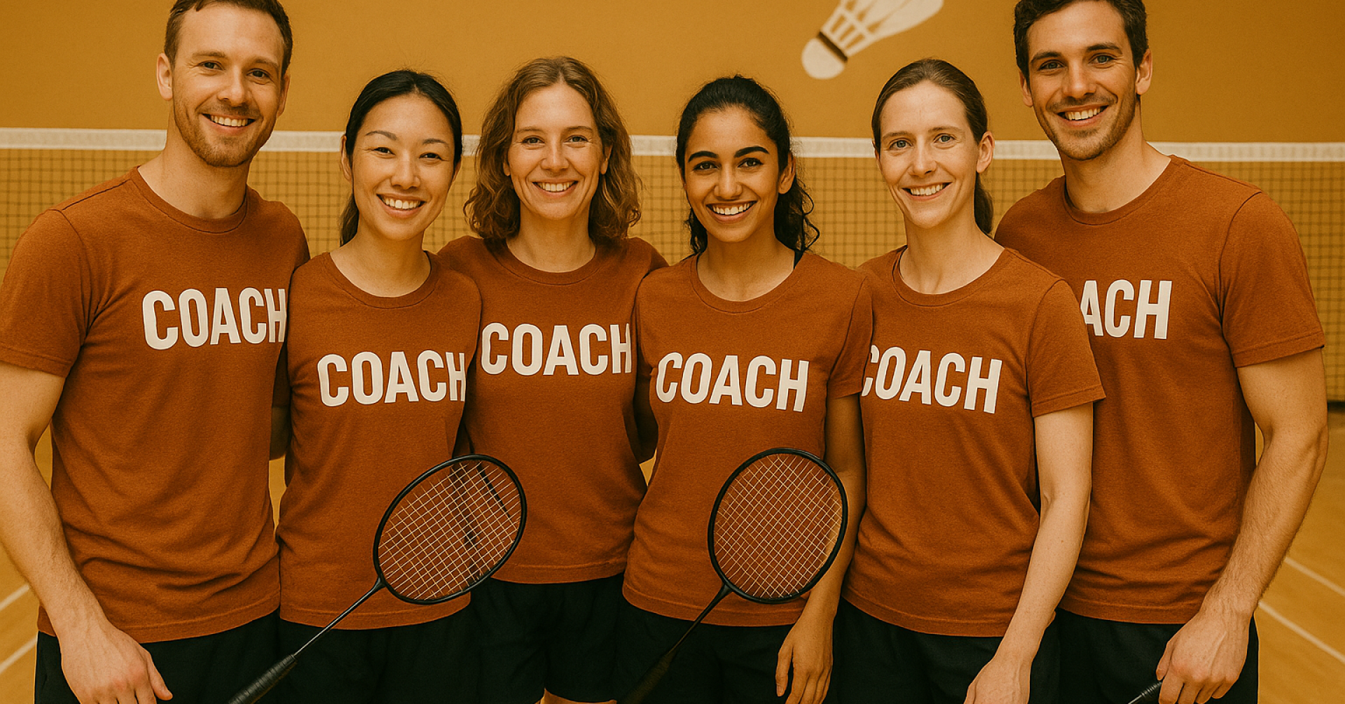Badminton-Trainerteam posiert vor dem Netz Gruppe von Badminton-Trainern in braunen T-Shirts posiert mit Schlägern vor einem Netz.