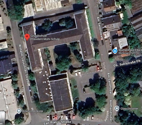 Satellitenbild der Präsident-Mohr-Schule (Grundschule) und Umgebung in der Wilhelm-Leuschner-Straße Luftaufnahme der Grundschule Präsident-Mohr-Schule an der Wilhelm-Leuschner-Straße mit umliegenden Straßen und Gebäuden