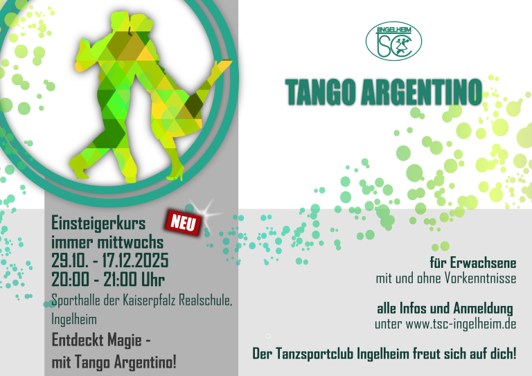 Flyer für Tango Argentino Anfängerkurs des Tanzsportclub Ingelheim ab Dezember 2025 in der Kaiserpfalz Realschule