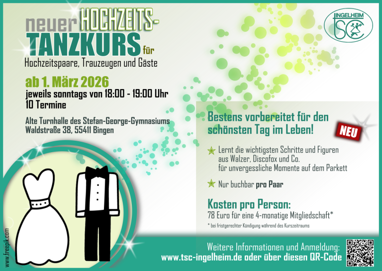 Werbegrafik für den Hochzeitstanzkurs im März 2026 in Bingen, angeboten vom TSC Ingelheim, mit Informationen zu Kurszeiten und Anmeldung.