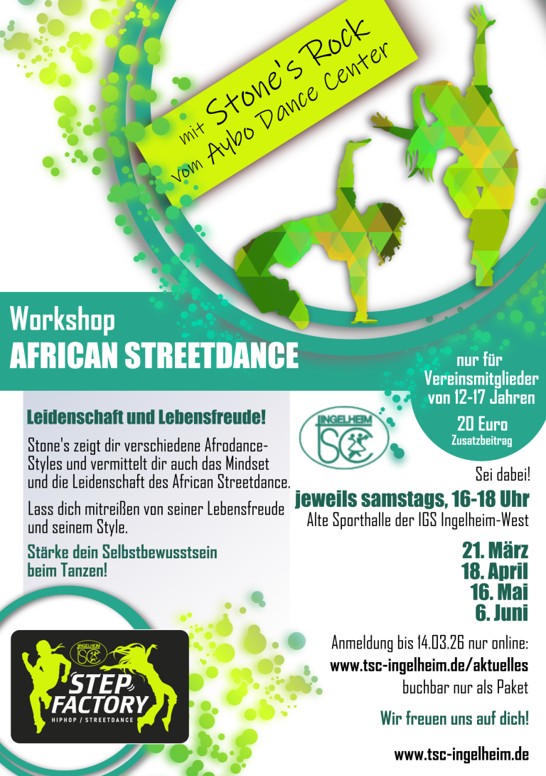 African Streetdance Workshops 2026 mit Stone von Aybo Dance – Flyer und Informationen für Jugendliche in Ingelheim Flyer für African Streetdance Workshops 2026 mit Stone von Aybo Dance in Ingelheim, Termine und Infos für Jugendliche